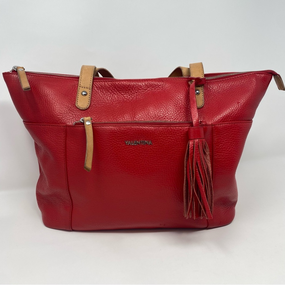 VTG Valentina Red Pebbled Leather Large Tote Bag Handbag Purse Italy Designer